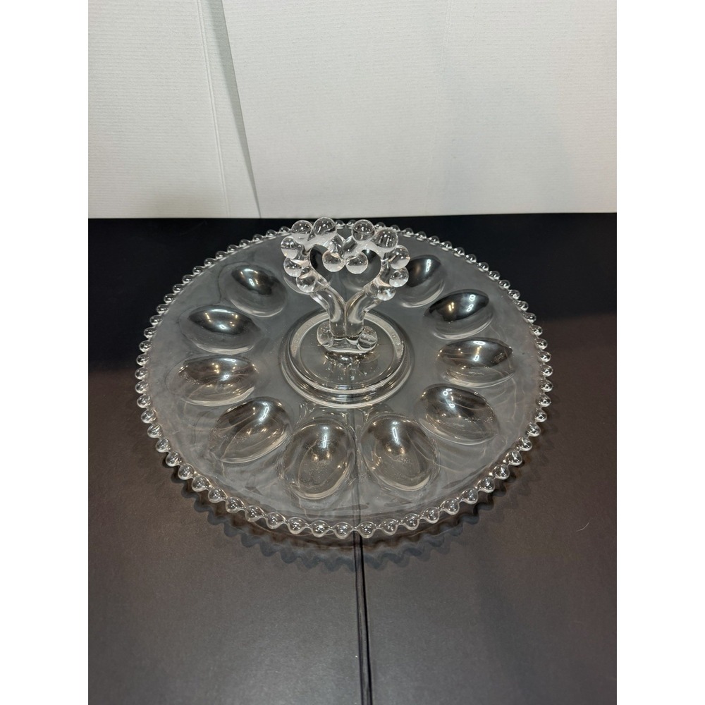 Vintage Imperial Glass Candlewick Deviled Egg Plate Clear Heart Handle